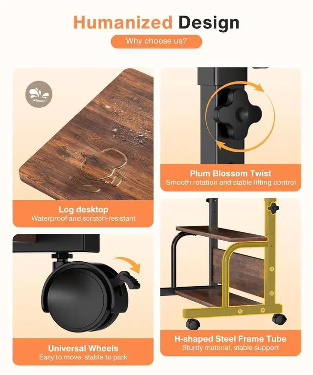 Alt view image 3 of 7 - Portable Rolling Desk on Wheels Adjustable Height Desks for Small Spaces, 32" Computer Desk with Storage Shelves for Home Office Rustic