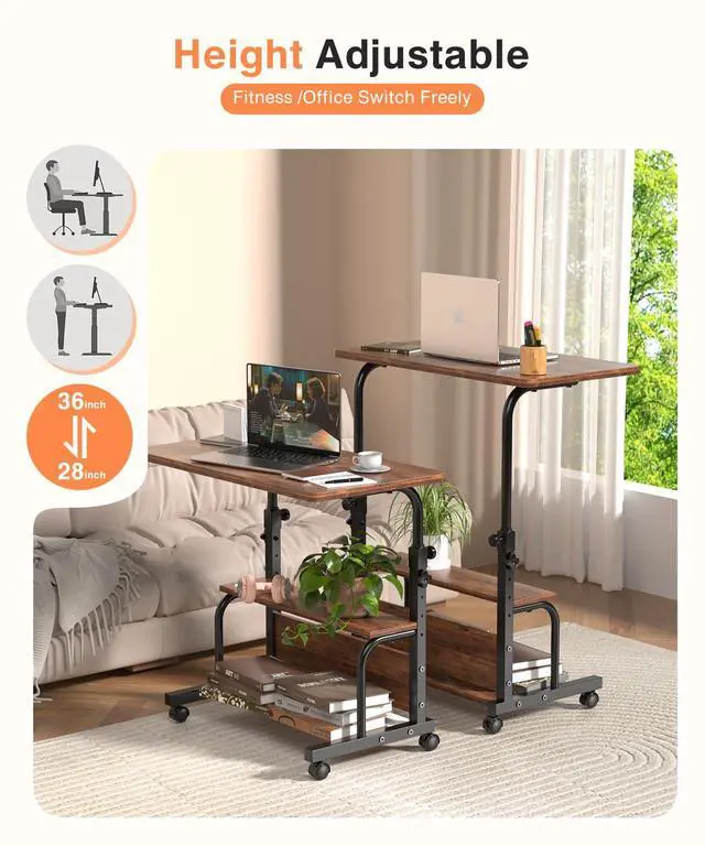 Alt view image 4 of 7 - Portable Rolling Desk on Wheels Adjustable Height Desks for Small Spaces, 32" Computer Desk with Storage Shelves for Home Office Rustic
