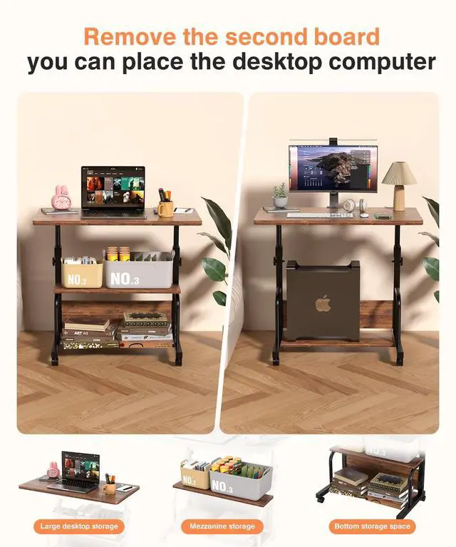 Alt view image 5 of 7 - Portable Rolling Desk on Wheels Adjustable Height Desks for Small Spaces, 32" Computer Desk with Storage Shelves for Home Office Rustic