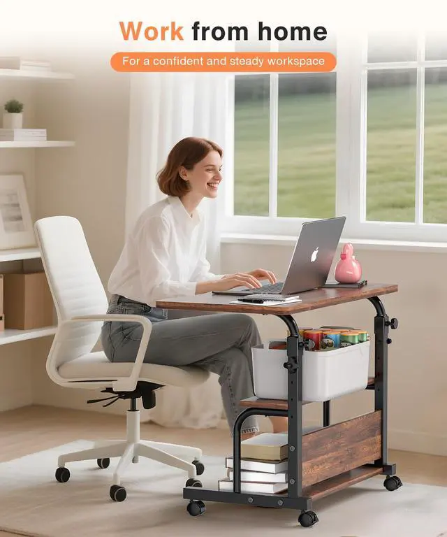 Alt view image 6 of 7 - Portable Rolling Desk on Wheels Adjustable Height Desks for Small Spaces, 32" Computer Desk with Storage Shelves for Home Office Rustic