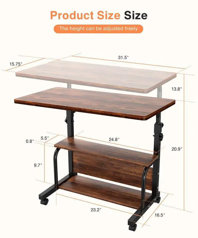 Alt view image 7 of 7 - Portable Rolling Desk on Wheels Adjustable Height Desks for Small Spaces, 32" Computer Desk with Storage Shelves for Home Office Rustic