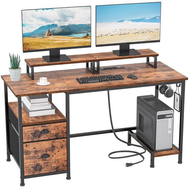Main image of 47" Computer Desk with File Cabinet and Power Outlets, Home Office Desk with 2 Monitor Stands and Storage Drawer, Writing Gaming Table with Shelves and 2 Hooks for Bedroom, Rustic Brown