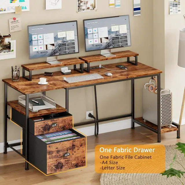 Alt view image 2 of 6 - 47" Computer Desk with File Cabinet and Power Outlets, Home Office Desk with 2 Monitor Stands and Storage Drawer, Writing Gaming Table with Shelves and 2 Hooks for Bedroom, Rustic Brown