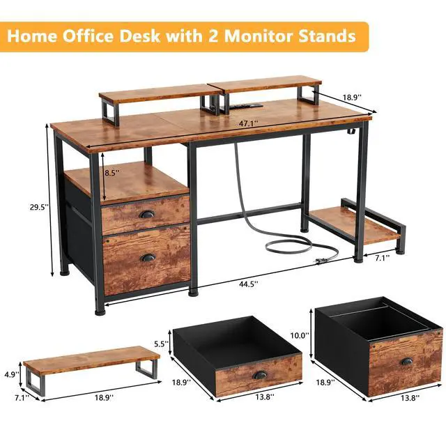 Alt view image 3 of 6 - 47" Computer Desk with File Cabinet and Power Outlets, Home Office Desk with 2 Monitor Stands and Storage Drawer, Writing Gaming Table with Shelves and 2 Hooks for Bedroom, Rustic Brown