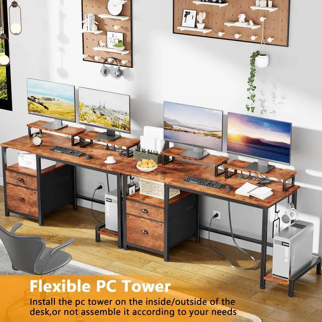 Alt view image 6 of 6 - 47" Computer Desk with File Cabinet and Power Outlets, Home Office Desk with 2 Monitor Stands and Storage Drawer, Writing Gaming Table with Shelves and 2 Hooks for Bedroom, Rustic Brown
