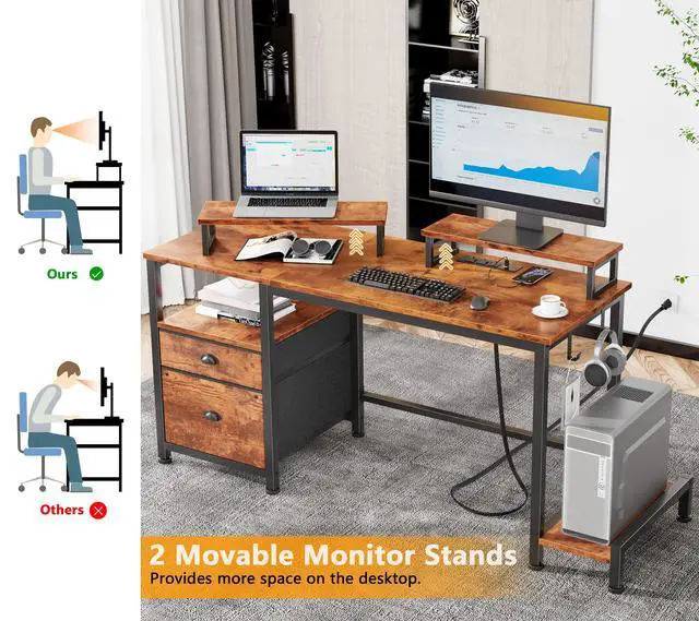 Alt view image 5 of 6 - 47" Computer Desk with File Cabinet and Power Outlets, Home Office Desk with 2 Monitor Stands and Storage Drawer, Writing Gaming Table with Shelves and 2 Hooks for Bedroom, Rustic Brown