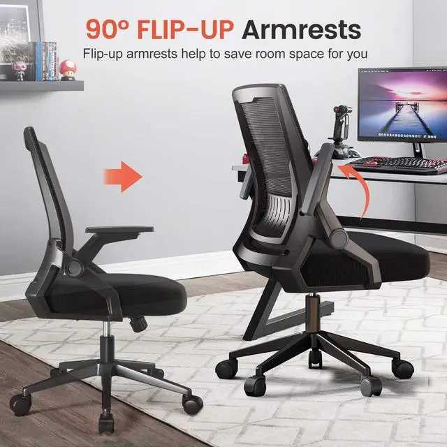 Alt view image 3 of 7 - Ergonomic Office Chair with Flip-up Armrests Executive Computer Chair for Home Office, Breathable Mesh & Comfy Lumbar Support, Black