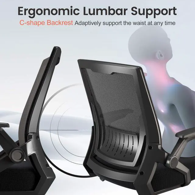 Alt view image 4 of 7 - Ergonomic Office Chair with Flip-up Armrests Executive Computer Chair for Home Office, Breathable Mesh & Comfy Lumbar Support, Black