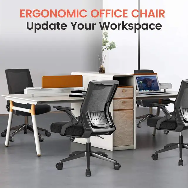 Alt view image 7 of 7 - Ergonomic Office Chair with Flip-up Armrests Executive Computer Chair for Home Office, Breathable Mesh & Comfy Lumbar Support, Black