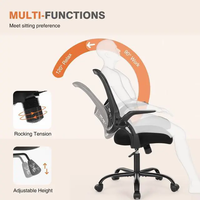 Alt view image 2 of 5 - Office Computer Desk Chair, Ergonomic Mid-Back Mesh Rolling Work Swivel Task Chairs with Wheels, Comfortable Lumbar Support, Comfy Flip-up Arms for Home, Bedroom, Study, Student, Black