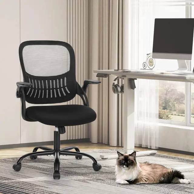 Alt view image 5 of 5 - Office Computer Desk Chair, Ergonomic Mid-Back Mesh Rolling Work Swivel Task Chairs with Wheels, Comfortable Lumbar Support, Comfy Flip-up Arms for Home, Bedroom, Study, Student, Black