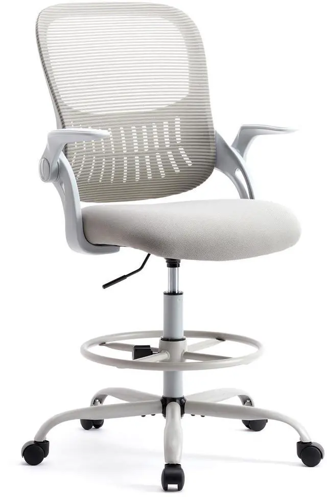 Main image of Drafting Chair for Standing Desk, Tall Office Desk Chairs Computer Mesh with Wheels, Adjustable Height, Flip-up Arms, Ergonomic Back, for Gaming, Work, Study, Grey