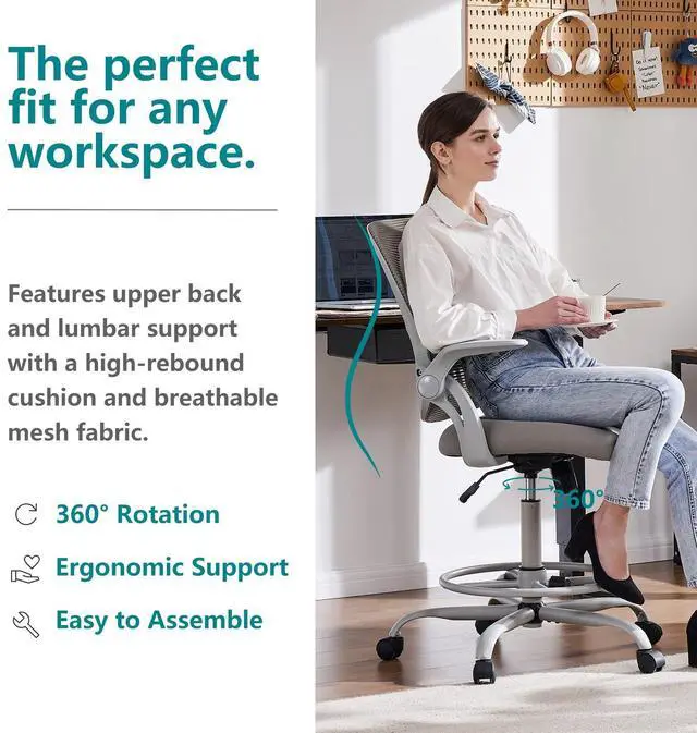 Alt view image 2 of 7 - Drafting Chair for Standing Desk, Tall Office Desk Chairs Computer Mesh with Wheels, Adjustable Height, Flip-up Arms, Ergonomic Back, for Gaming, Work, Study, Grey