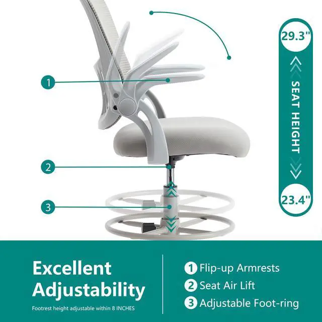 Alt view image 3 of 7 - Drafting Chair for Standing Desk, Tall Office Desk Chairs Computer Mesh with Wheels, Adjustable Height, Flip-up Arms, Ergonomic Back, for Gaming, Work, Study, Grey