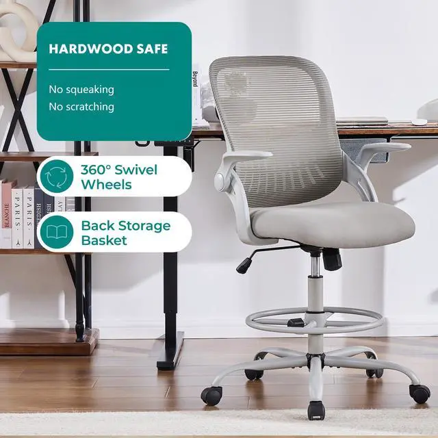 Alt view image 5 of 7 - Drafting Chair for Standing Desk, Tall Office Desk Chairs Computer Mesh with Wheels, Adjustable Height, Flip-up Arms, Ergonomic Back, for Gaming, Work, Study, Grey