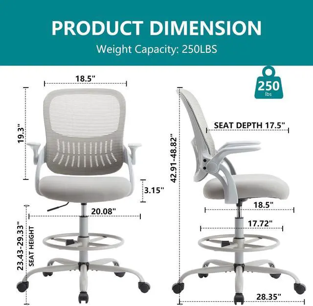 Alt view image 6 of 7 - Drafting Chair for Standing Desk, Tall Office Desk Chairs Computer Mesh with Wheels, Adjustable Height, Flip-up Arms, Ergonomic Back, for Gaming, Work, Study, Grey