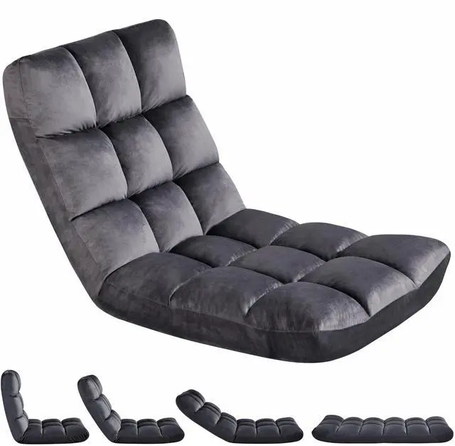 Main image of Floor Folding Chair with Back Support, Padded Folding Gaming Sofa Chair with 14 Adjustable Backrest, Adults Couch Recliner, Floor Seating Lounge Chair, Armless Meditation Chair, Gray