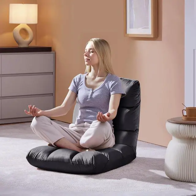 Alt view image 2 of 7 - Floor Folding Chair with Back Support, Padded Folding Gaming Sofa Chair with 14 Adjustable Backrest, Adults Couch Recliner, Floor Seating Lounge Chair, Armless Meditation Chair, Gray