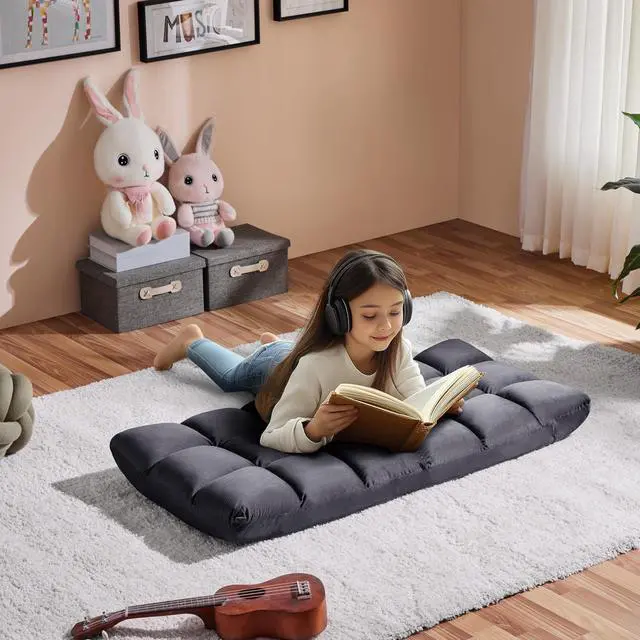 Alt view image 4 of 7 - Floor Folding Chair with Back Support, Padded Folding Gaming Sofa Chair with 14 Adjustable Backrest, Adults Couch Recliner, Floor Seating Lounge Chair, Armless Meditation Chair, Gray