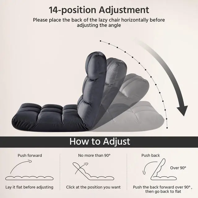 Alt view image 6 of 7 - Floor Folding Chair with Back Support, Padded Folding Gaming Sofa Chair with 14 Adjustable Backrest, Adults Couch Recliner, Floor Seating Lounge Chair, Armless Meditation Chair, Gray