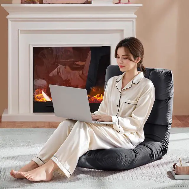 Alt view image 5 of 7 - Floor Folding Chair with Back Support, Padded Folding Gaming Sofa Chair with 14 Adjustable Backrest, Adults Couch Recliner, Floor Seating Lounge Chair, Armless Meditation Chair, Gray