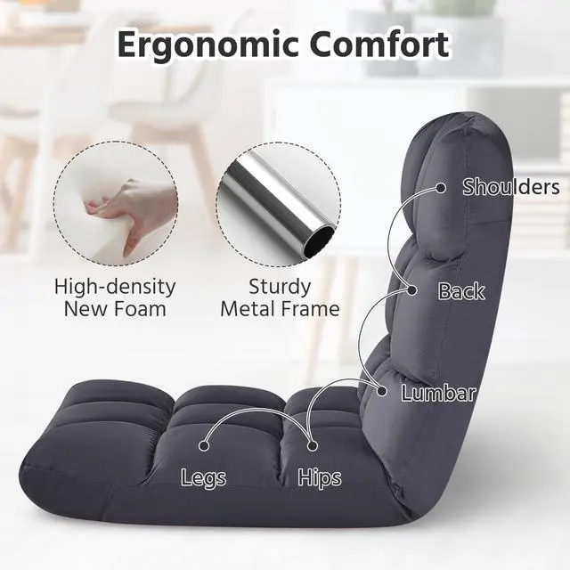 Alt view image 7 of 7 - Floor Folding Chair with Back Support, Padded Folding Gaming Sofa Chair with 14 Adjustable Backrest, Adults Couch Recliner, Floor Seating Lounge Chair, Armless Meditation Chair, Gray