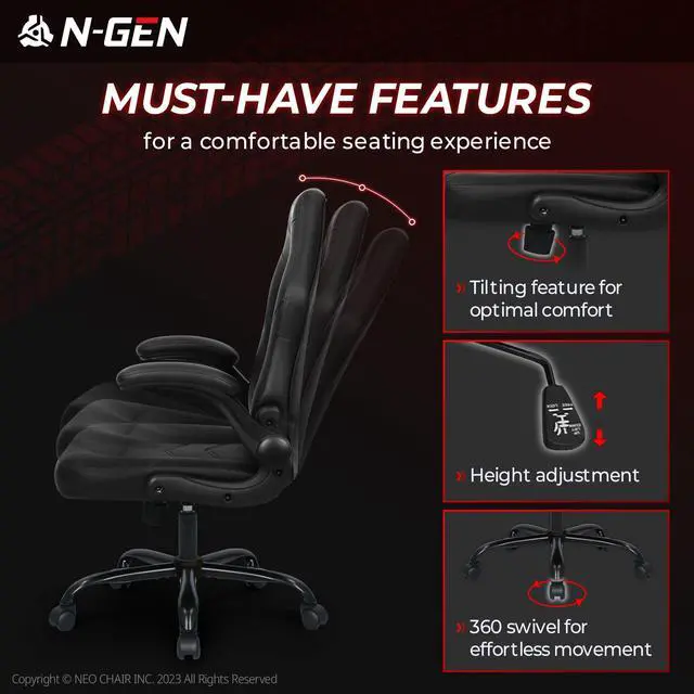Alt view image 7 of 7 - Video Gaming Computer Chair Ergonomic Desk Office Chair for Adults with Lumbar Support Flip-Up Arms Adjustable Height Swivel Wheels PU Leather Executive Design for Home and Office (Jet Black)