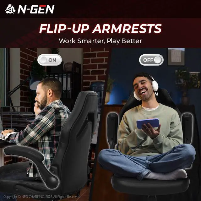 Alt view image 6 of 7 - Video Gaming Computer Chair Ergonomic Desk Office Chair for Adults with Lumbar Support Flip-Up Arms Adjustable Height Swivel Wheels PU Leather Executive Design for Home and Office (Jet Black)