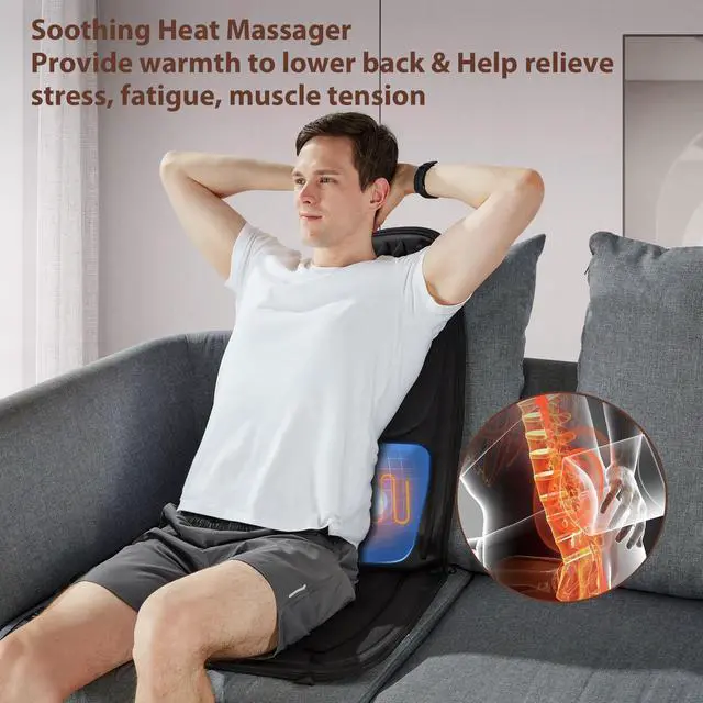 Alt view image 2 of 7 - Back Massager with Heat, Massage Seat Cushion with 3D Lumbar Traction, 8 Vibrating Motors Massager Chair Pad for Full Body Pain Relief, and Home Use