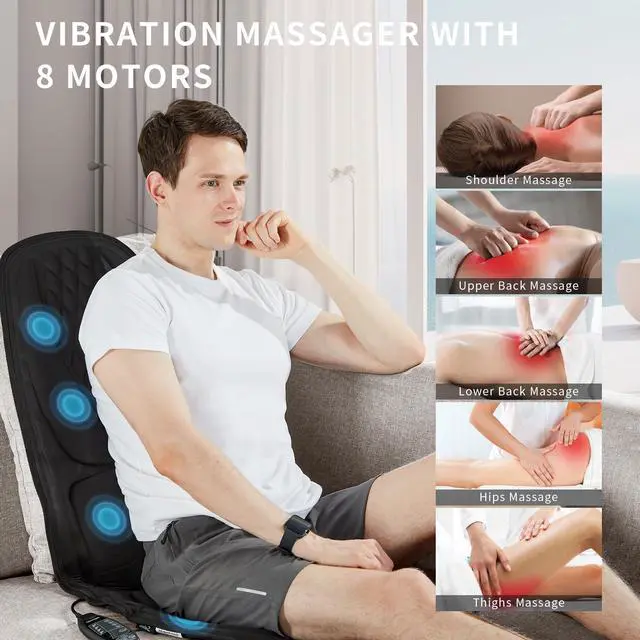 Alt view image 3 of 7 - Back Massager with Heat, Massage Seat Cushion with 3D Lumbar Traction, 8 Vibrating Motors Massager Chair Pad for Full Body Pain Relief, and Home Use