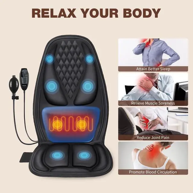 Alt view image 5 of 7 - Back Massager with Heat, Massage Seat Cushion with 3D Lumbar Traction, 8 Vibrating Motors Massager Chair Pad for Full Body Pain Relief, and Home Use