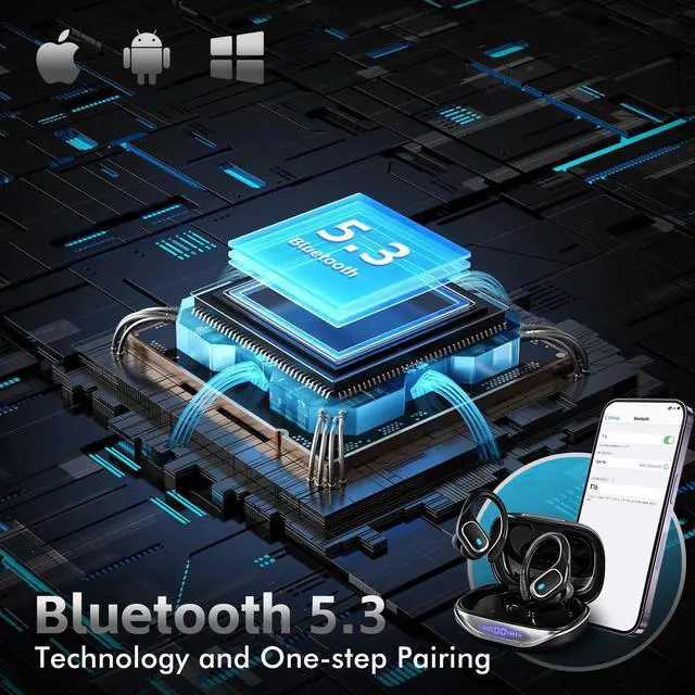 Alt view image 3 of 7 - Wireless Earbuds Bluetooth 5.3 Headphones with 80H Playback, IPX7 Waterproof Over Ear Buds with LED Power Display for Sports Running Workouts Gray Black