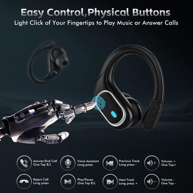 Alt view image 6 of 7 - Wireless Earbuds Bluetooth 5.3 Headphones with 80H Playback, IPX7 Waterproof Over Ear Buds with LED Power Display for Sports Running Workouts Gray Black