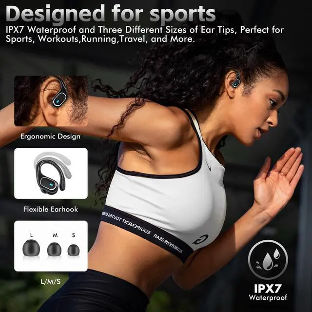 Alt view image 5 of 7 - Wireless Earbuds Bluetooth 5.3 Headphones with 80H Playback, IPX7 Waterproof Over Ear Buds with LED Power Display for Sports Running Workouts Gray Black