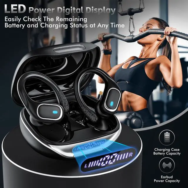 Alt view image 7 of 7 - Wireless Earbuds Bluetooth 5.3 Headphones with 80H Playback, IPX7 Waterproof Over Ear Buds with LED Power Display for Sports Running Workouts Gray Black