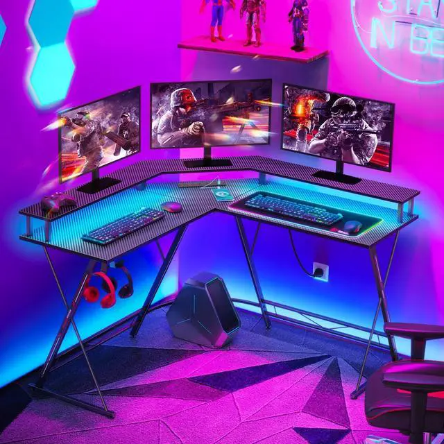 Alt view image 2 of 7 - L Shaped Gaming Desk with LED Lights & Power Outlets, 50.4 Computer Desk with Monitor Stand, Corner Desk with Carbon Fiber Surface, Gaming Table with Hooks, Black