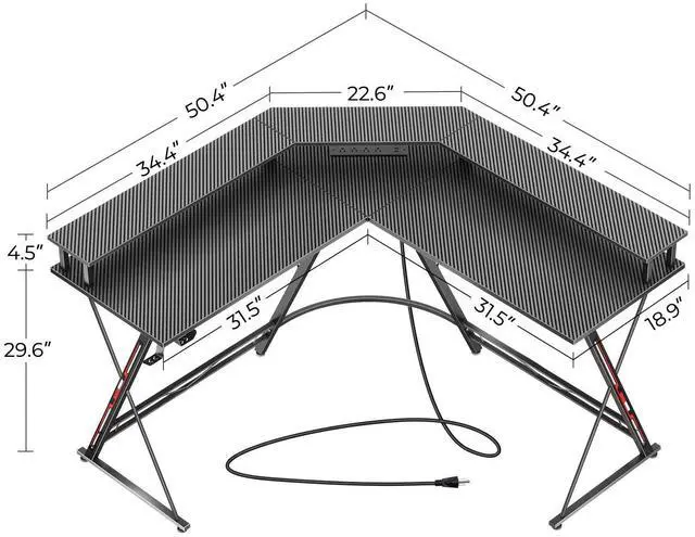 Alt view image 3 of 7 - L Shaped Gaming Desk with LED Lights & Power Outlets, 50.4 Computer Desk with Monitor Stand, Corner Desk with Carbon Fiber Surface, Gaming Table with Hooks, Black