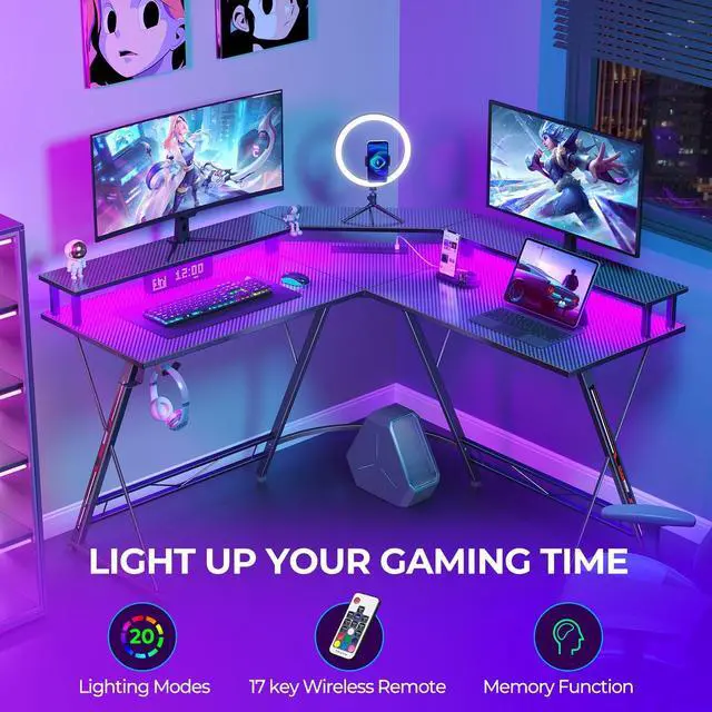 Alt view image 4 of 7 - L Shaped Gaming Desk with LED Lights & Power Outlets, 50.4 Computer Desk with Monitor Stand, Corner Desk with Carbon Fiber Surface, Gaming Table with Hooks, Black