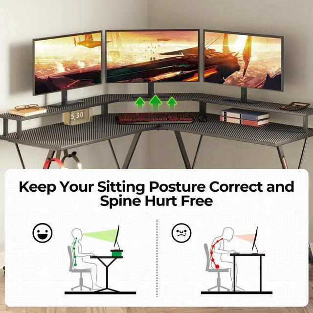 Alt view image 6 of 7 - L Shaped Gaming Desk with LED Lights & Power Outlets, 50.4 Computer Desk with Monitor Stand, Corner Desk with Carbon Fiber Surface, Gaming Table with Hooks, Black