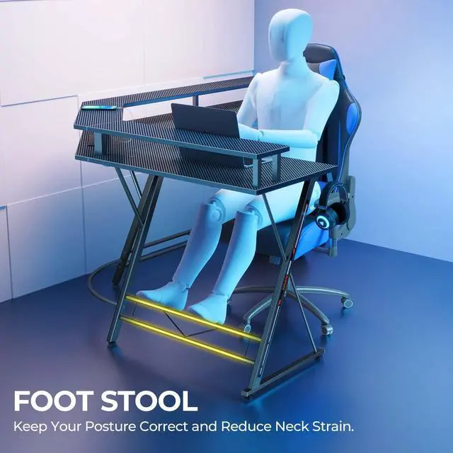 Alt view image 7 of 7 - L Shaped Gaming Desk with LED Lights & Power Outlets, 50.4 Computer Desk with Monitor Stand, Corner Desk with Carbon Fiber Surface, Gaming Table with Hooks, Black