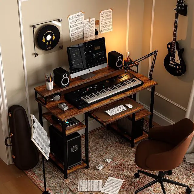 Alt view image 2 of 7 - Computer Desk with Keyboard Tray, 47 Inch Office Desk with Monitor Stand and Storage Shelves, Music Studio Desk Workstation, Work Table for Home Office, Rustic Brown