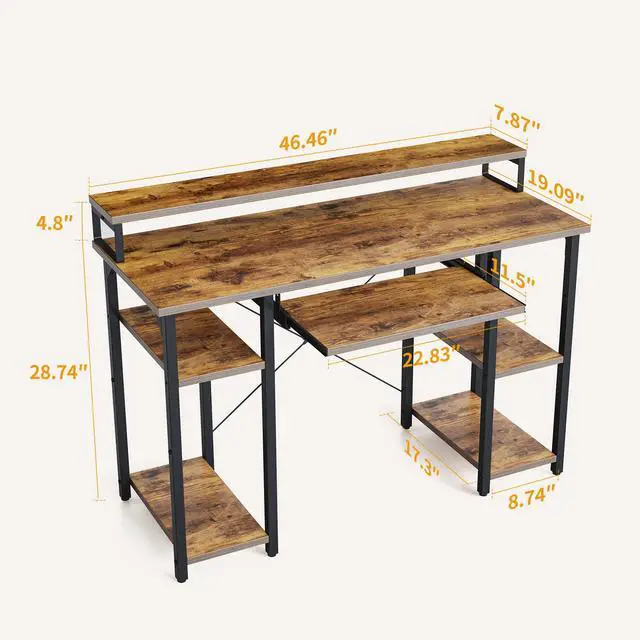 Alt view image 3 of 7 - Computer Desk with Keyboard Tray, 47 Inch Office Desk with Monitor Stand and Storage Shelves, Music Studio Desk Workstation, Work Table for Home Office, Rustic Brown