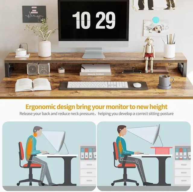 Alt view image 5 of 7 - Computer Desk with Keyboard Tray, 47 Inch Office Desk with Monitor Stand and Storage Shelves, Music Studio Desk Workstation, Work Table for Home Office, Rustic Brown