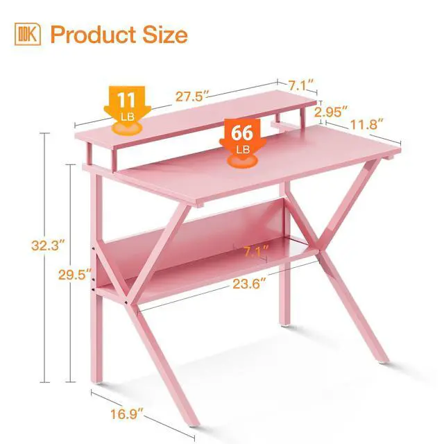 Alt view image 3 of 7 - Small Kids Desk, 27.5 Inch Computer Desk for Small Spaces, Mini Desk with Storage, Writing Desk with Monitor Stand for Homeschool, Pink