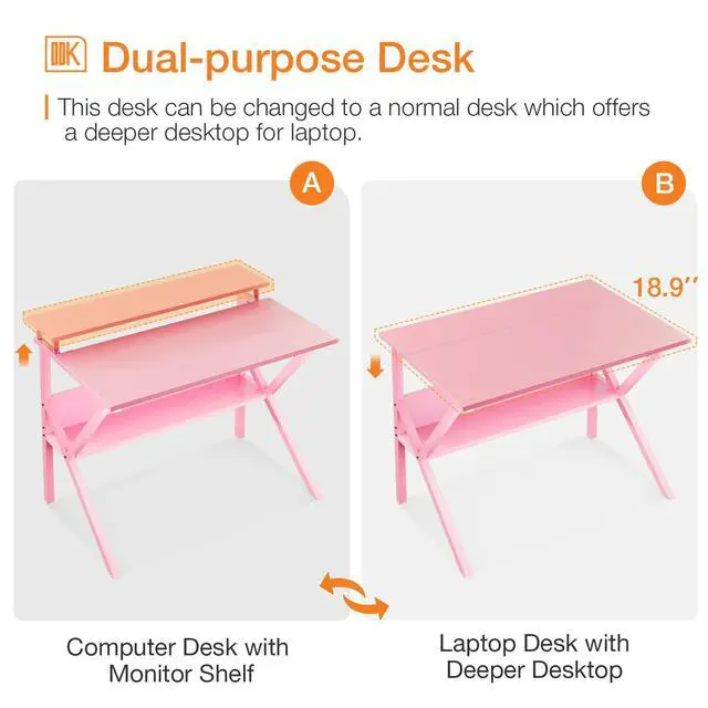 Alt view image 4 of 7 - Small Kids Desk, 27.5 Inch Computer Desk for Small Spaces, Mini Desk with Storage, Writing Desk with Monitor Stand for Homeschool, Pink