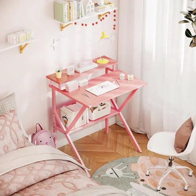 Alt view image 5 of 7 - Small Kids Desk, 27.5 Inch Computer Desk for Small Spaces, Mini Desk with Storage, Writing Desk with Monitor Stand for Homeschool, Pink