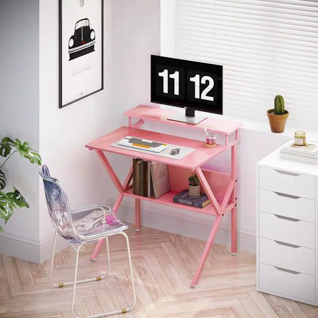 Alt view image 7 of 7 - Small Kids Desk, 27.5 Inch Computer Desk for Small Spaces, Mini Desk with Storage, Writing Desk with Monitor Stand for Homeschool, Pink