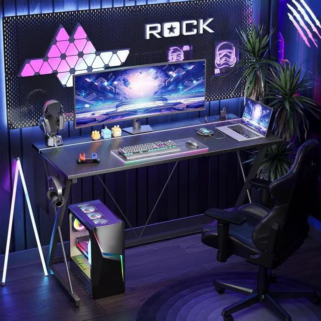 Alt view image 2 of 7 - Gaming Desk with Power Outlets & LED 40 Inch Ergonomic Computer Carbon Fiber Surface Gamer Desk, PC Workstation with Headphone Hook for Bedroom, Kids Desk Gift for Boys, Black