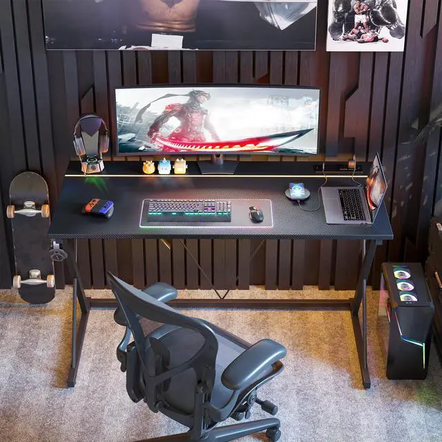 Alt view image 3 of 7 - Gaming Desk with Power Outlets & LED 40 Inch Ergonomic Computer Carbon Fiber Surface Gamer Desk, PC Workstation with Headphone Hook for Bedroom, Kids Desk Gift for Boys, Black