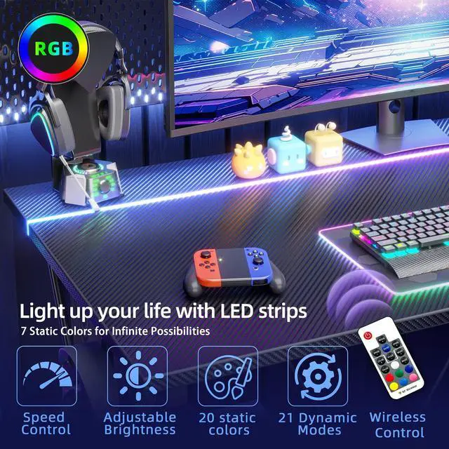 Alt view image 4 of 7 - Gaming Desk with Power Outlets & LED 40 Inch Ergonomic Computer Carbon Fiber Surface Gamer Desk, PC Workstation with Headphone Hook for Bedroom, Kids Desk Gift for Boys, Black